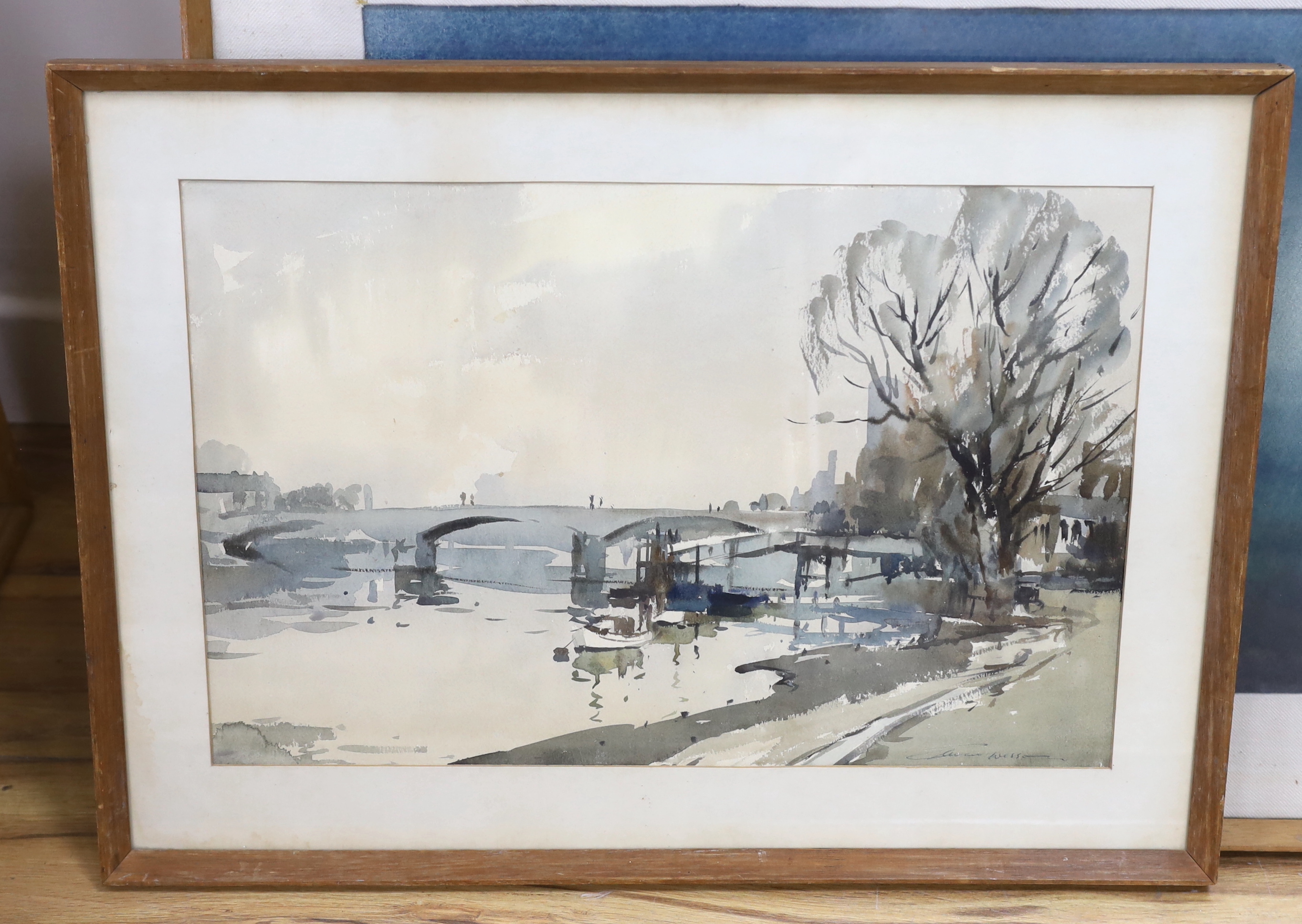 Edward Wesson (1910-1983) watercolour, River landscape with bridge, signed, 32 x 48cm